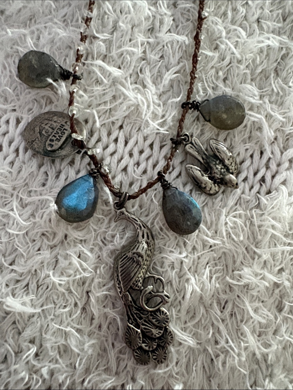 Love Heals Silver Leaf Necklace with Blue Teardrop Accents - Picture 2 of 5